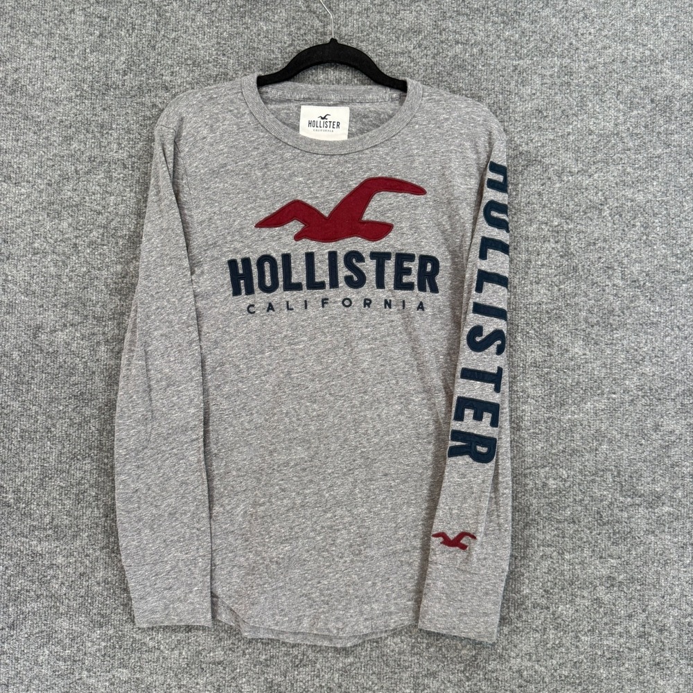 Hollister Long Sleeve Shirt Adult XS Gray Logo Graphic Tee Embroidered Y2K